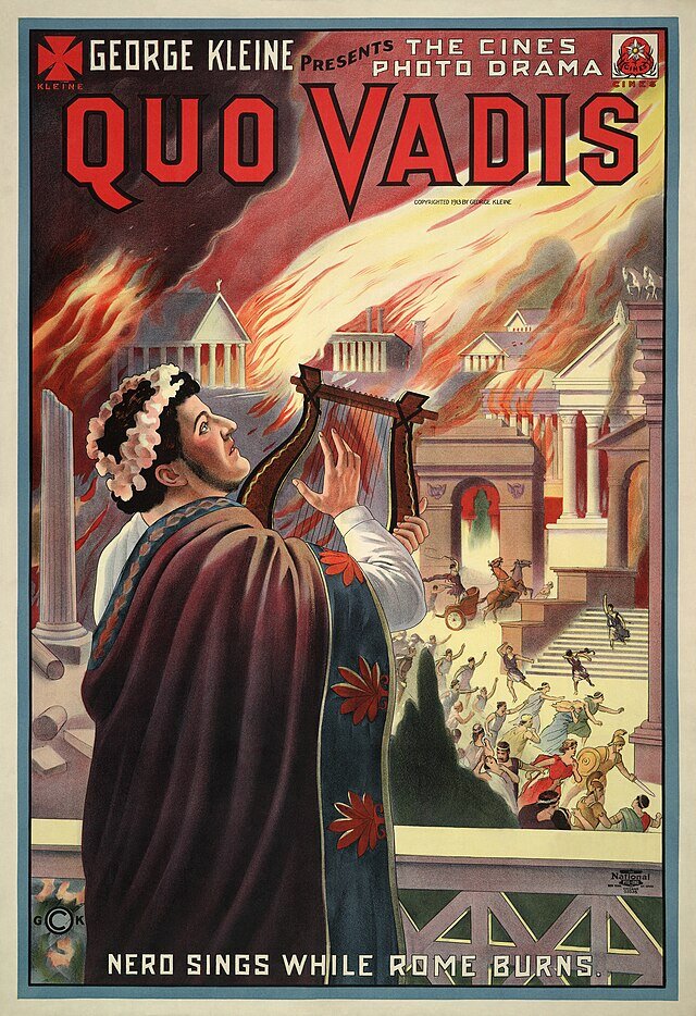 Affiche du film Quo Vadis de 1951 avec Néron qui regarde Rome brûler pendant qu'il joue de la lyre.
